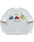 White long-sleeve shirt with colorful fruit illustrations on a white background
